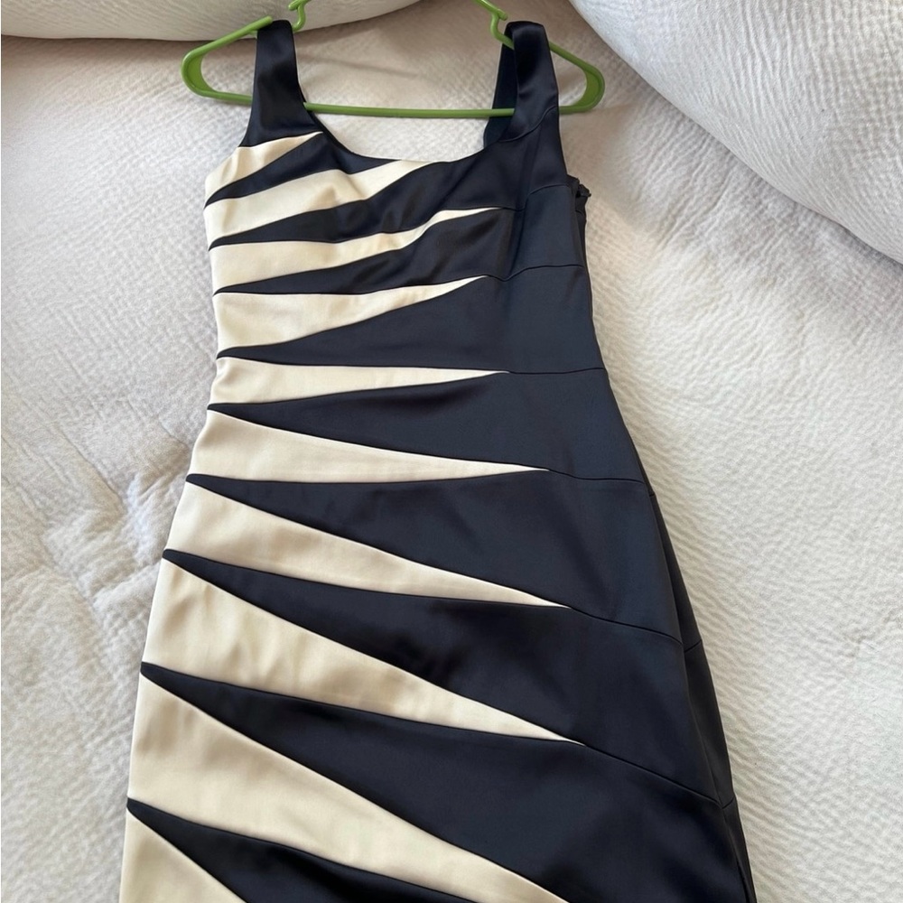 Signature by Sangria Asymmetrical Black and Cream Mini Dress